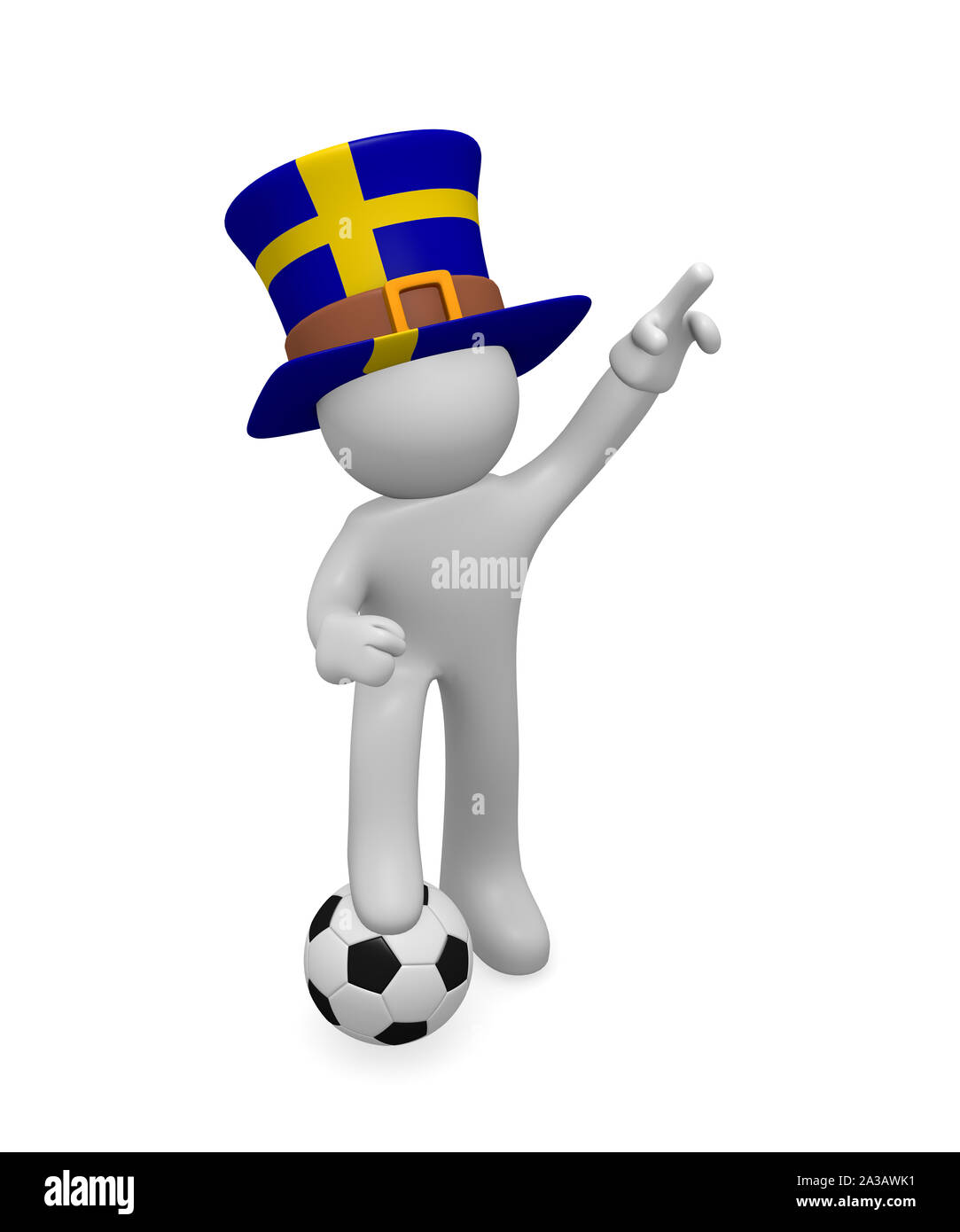 Small 3d soccer fan wearing a big hat with the flag of Sweden, 3d rendering Stock Photo