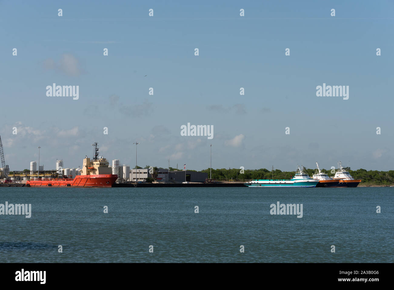 Ships in an inlet of Galveston Bay, above Galveston Island in Texas ...