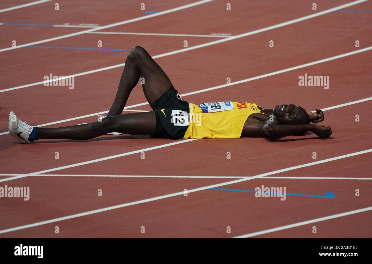 Doha, Qatar. 6th Oct, 2019. Joshua Cheptegei of Uganda reacts after the men's 10000m at the 2019 IAAF World Championships in Doha, Qatar, Oct. 6, 2019. Credit: Xu Suhui/Xinhua/Alamy Live News Stock Photo
