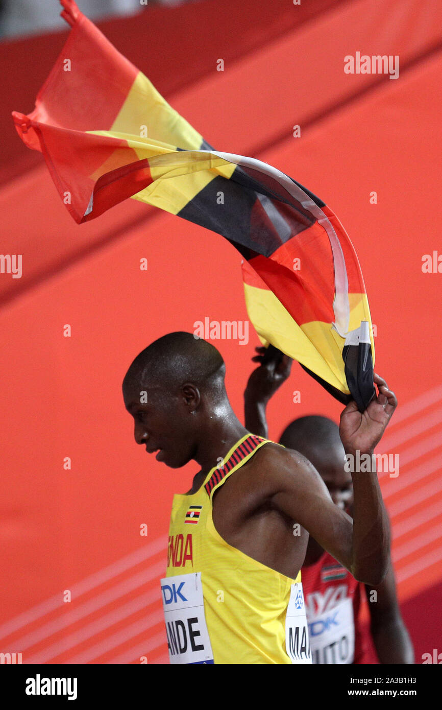 Doha, Qatar. 6th Oct, 2019. Joshua Cheptegei of Uganda celebrates after the men's 10000m at the 2019 IAAF World Championships in Doha, Qatar, Oct. 6, 2019. Credit: Li Ming/Xinhua/Alamy Live News Stock Photo
