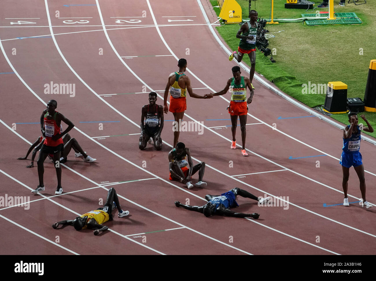Doha, Qatar. 6th Oct, 2019. Athletes reacts after the men's 10000m at the 2019 IAAF World Championships in Doha, Qatar, Oct. 6, 2019. Credit: Wang Jingqiang/Xinhua/Alamy Live News Stock Photo