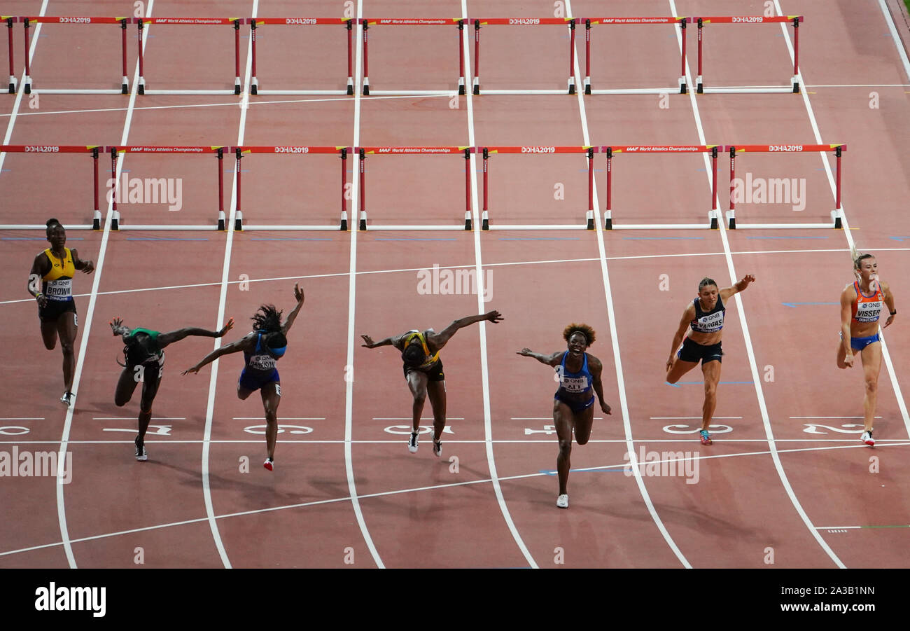Doha, Qatar. 6th Oct, 2019. Athletes compete during the women's 100m hurdles at the 2019 IAAF World Athletics Championships in Doha, Qatar, Oct. 6, 2019. Credit: Wang Jingqiang/Xinhua/Alamy Live News Stock Photo
