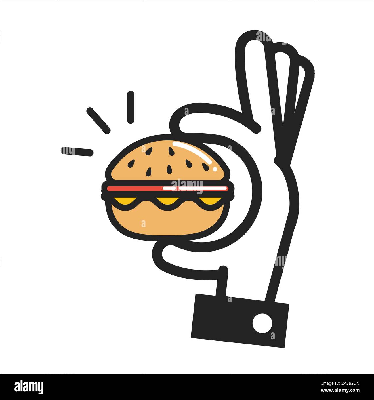 Thin line icon hand holding a burger, fast food icon isolated on white.  Stock Vector