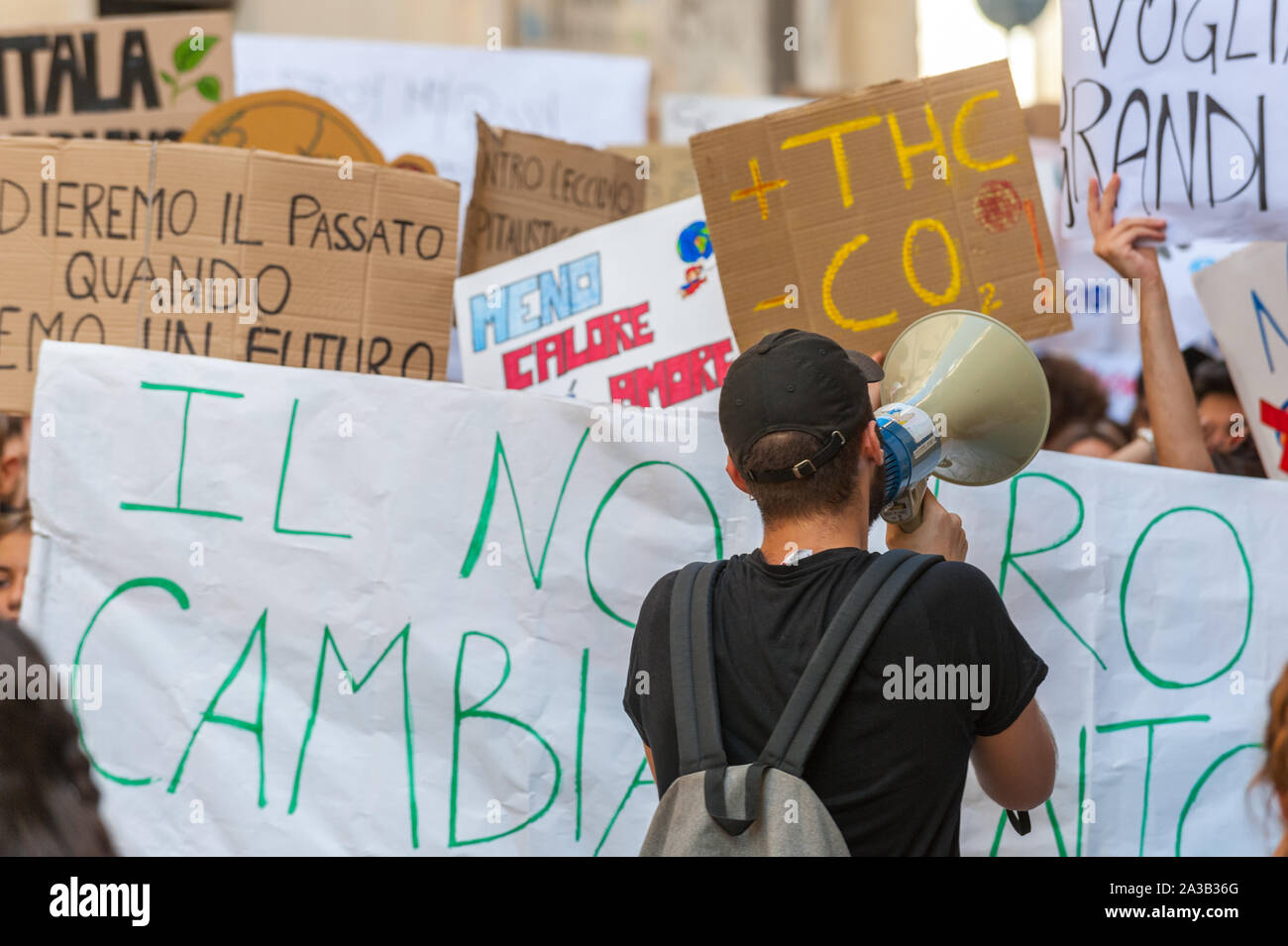 School strike for climate, a student leading the demostrants; friday for future;  Lecce 27 september 2019 Stock Photo