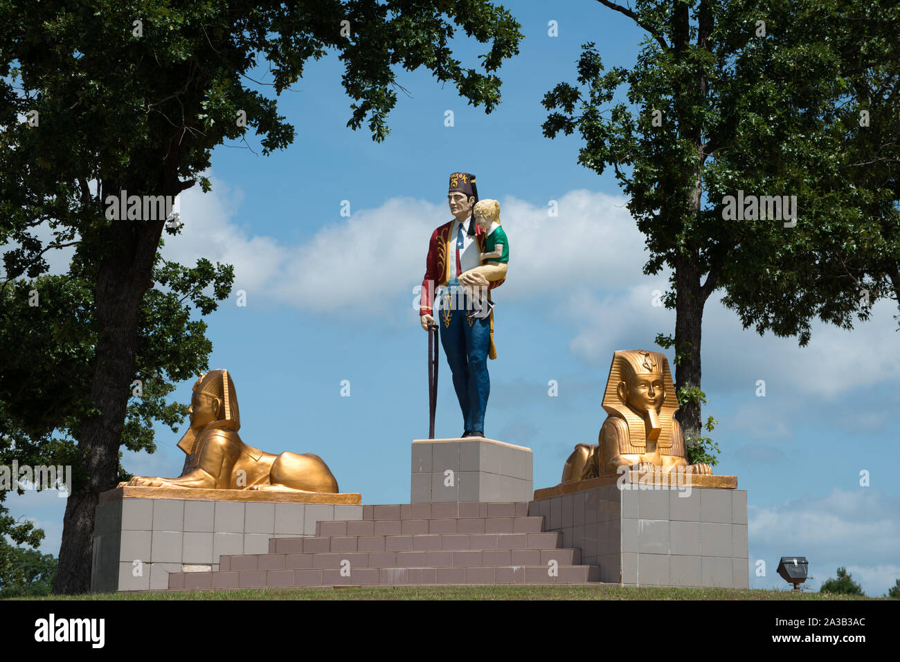 Shriner and sphynx statues outside the Sharon Shrine Center, a Shrine-organization-related restaurant and event center in Tyler, Texas Stock Photo