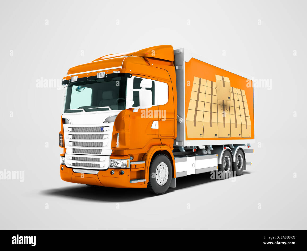 Modern orange truck with an orange trailer with white inserts for