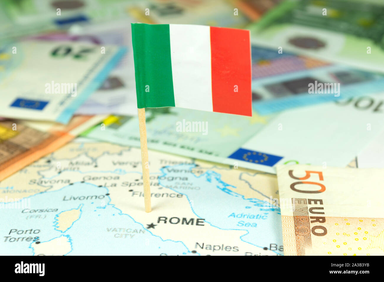Map of Italy, flag and Euro money Stock Photo