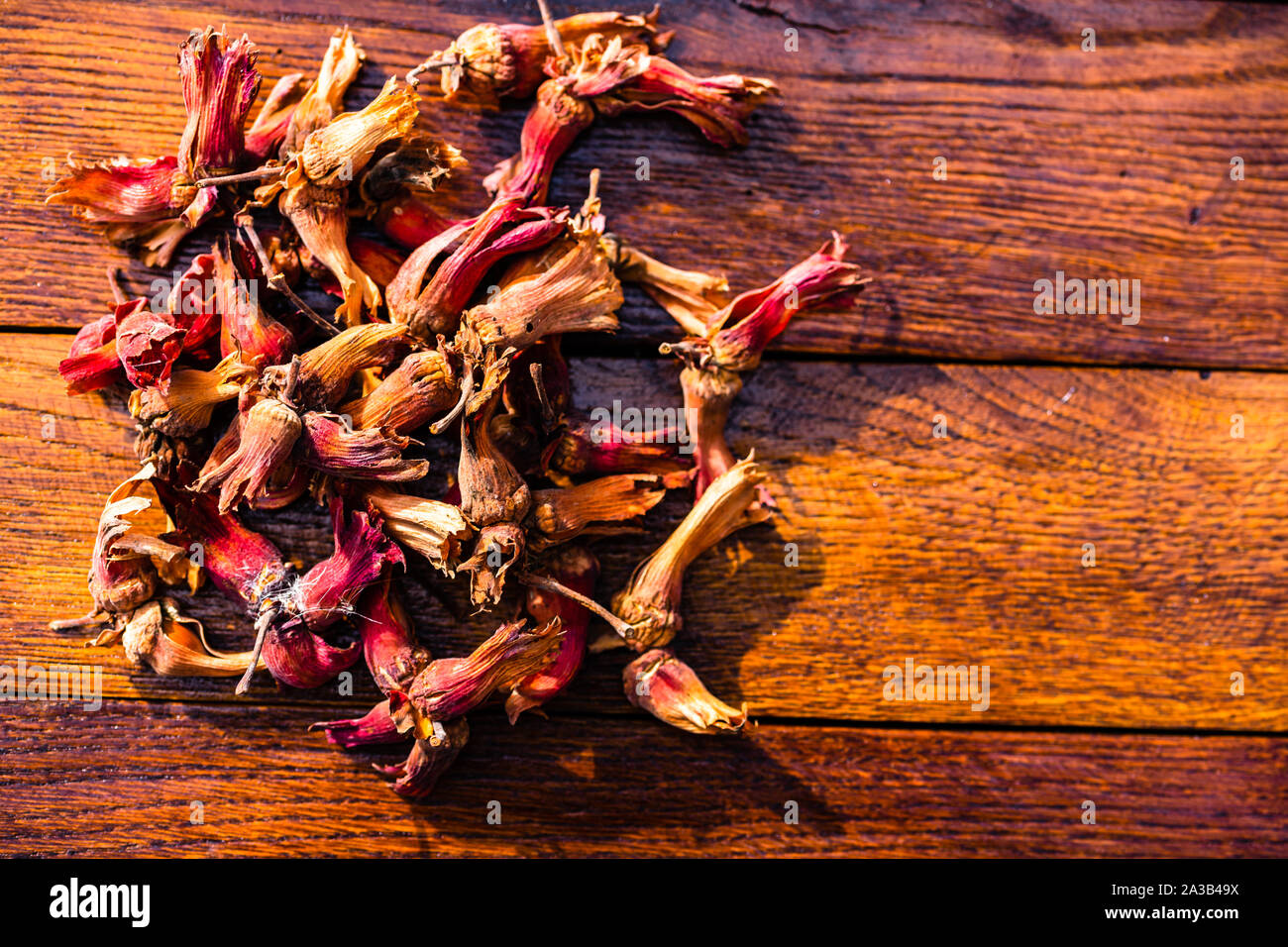 Red hazelnuts on a wooden board. Isolated hazelnuts. Stock Photo