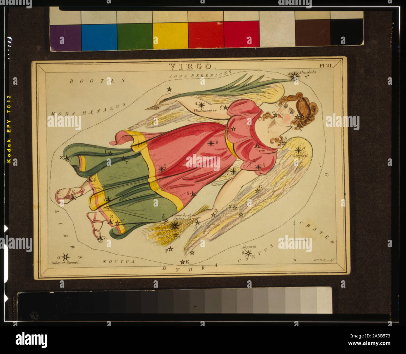 Virgo,  plate 21 in Urania's Mirror, a set of celestial cards accompanied by A familiar treatise on astronomy ... by Jehoshaphat Aspin. London. Astronomical chart, 1 print on layered paper board : etching, hand-colored.; Stock Photo