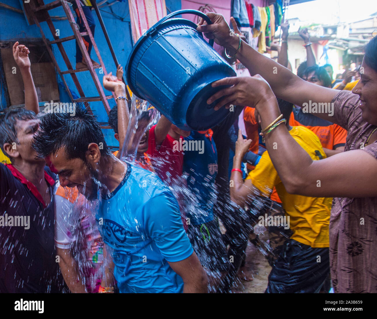 Indian people celebrate during Janmashtami festival in Mumbai India