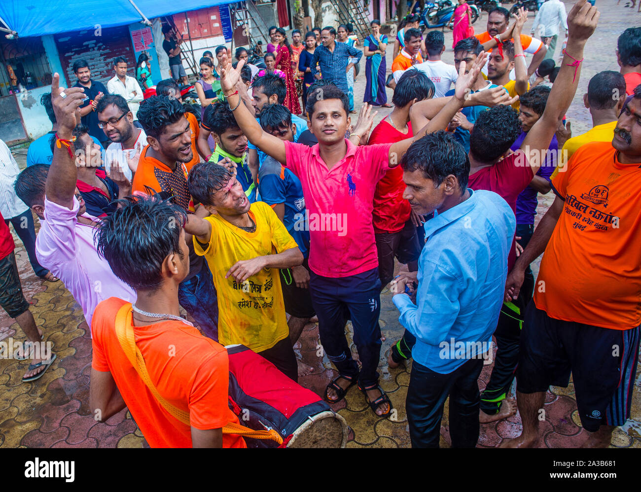 Indian people celebrate during Janmashtami festival in Mumbai India