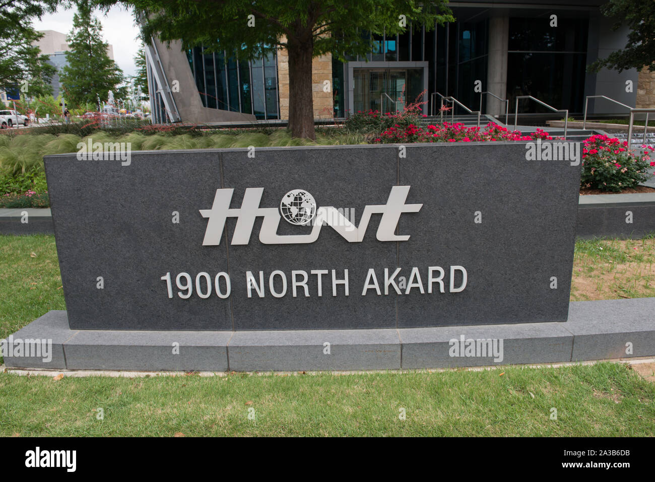 Sign for Hunt Oil Company headquarters in Dallas, Texas Stock Photo
