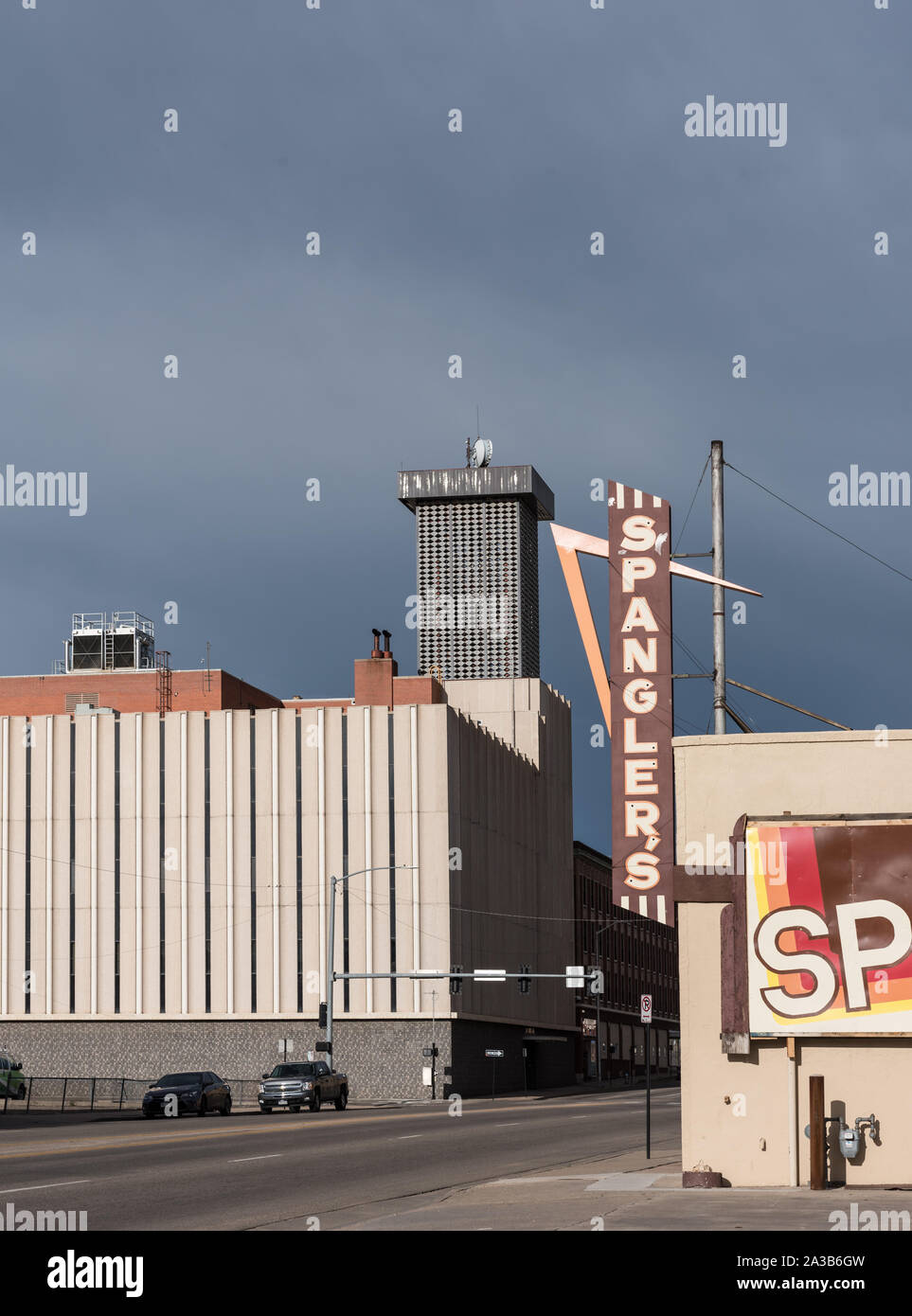 Sign for Spangler's carpet store in downtown Pueblo, Colorado Stock