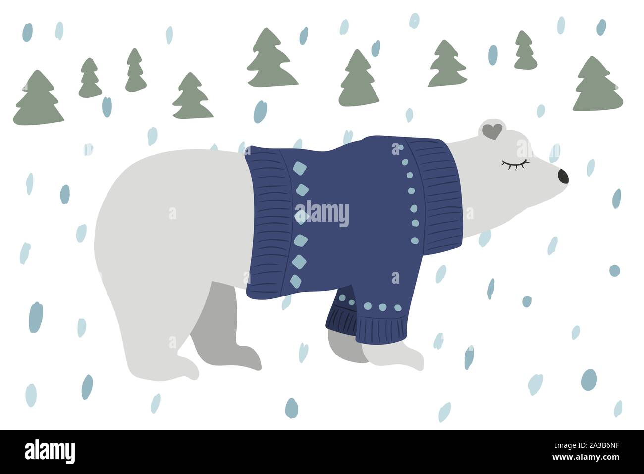 A polar bear in a blue sweater. Vector illustration. Winter forest. Fir tree. Stock Vector