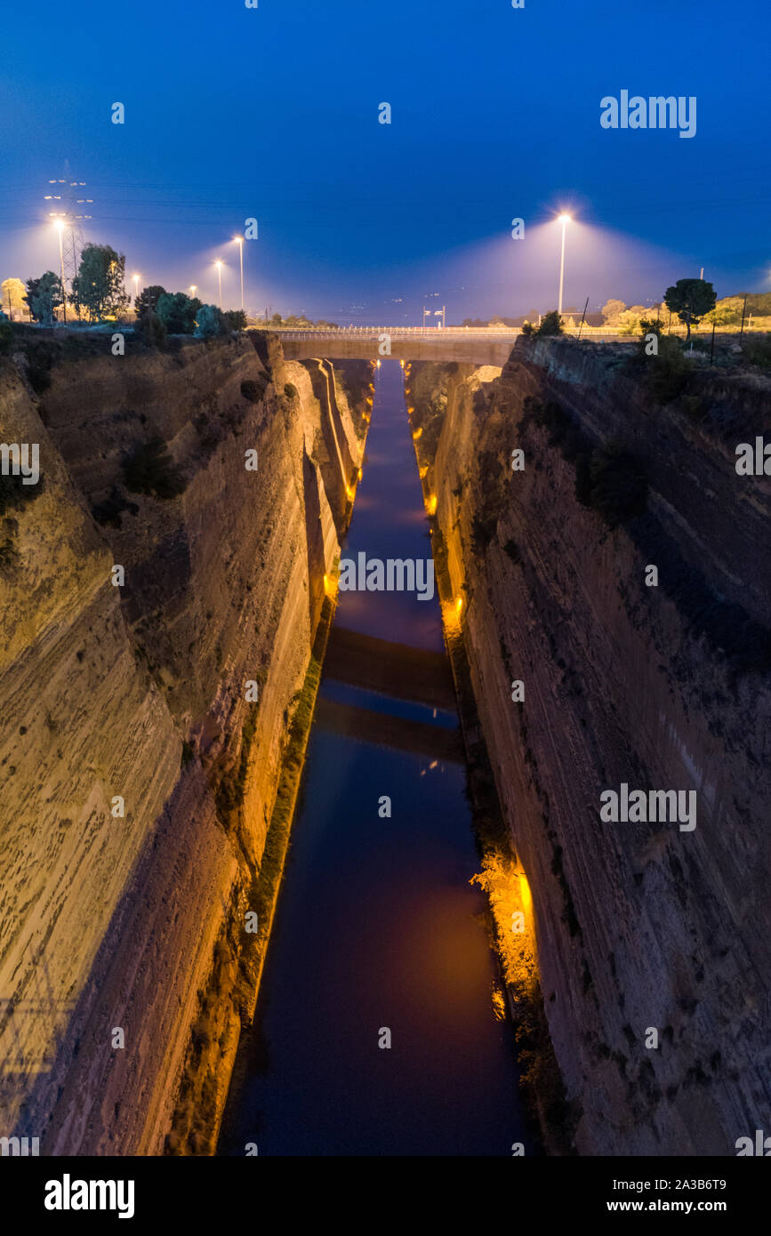 Corinth canal by night Stock Photo