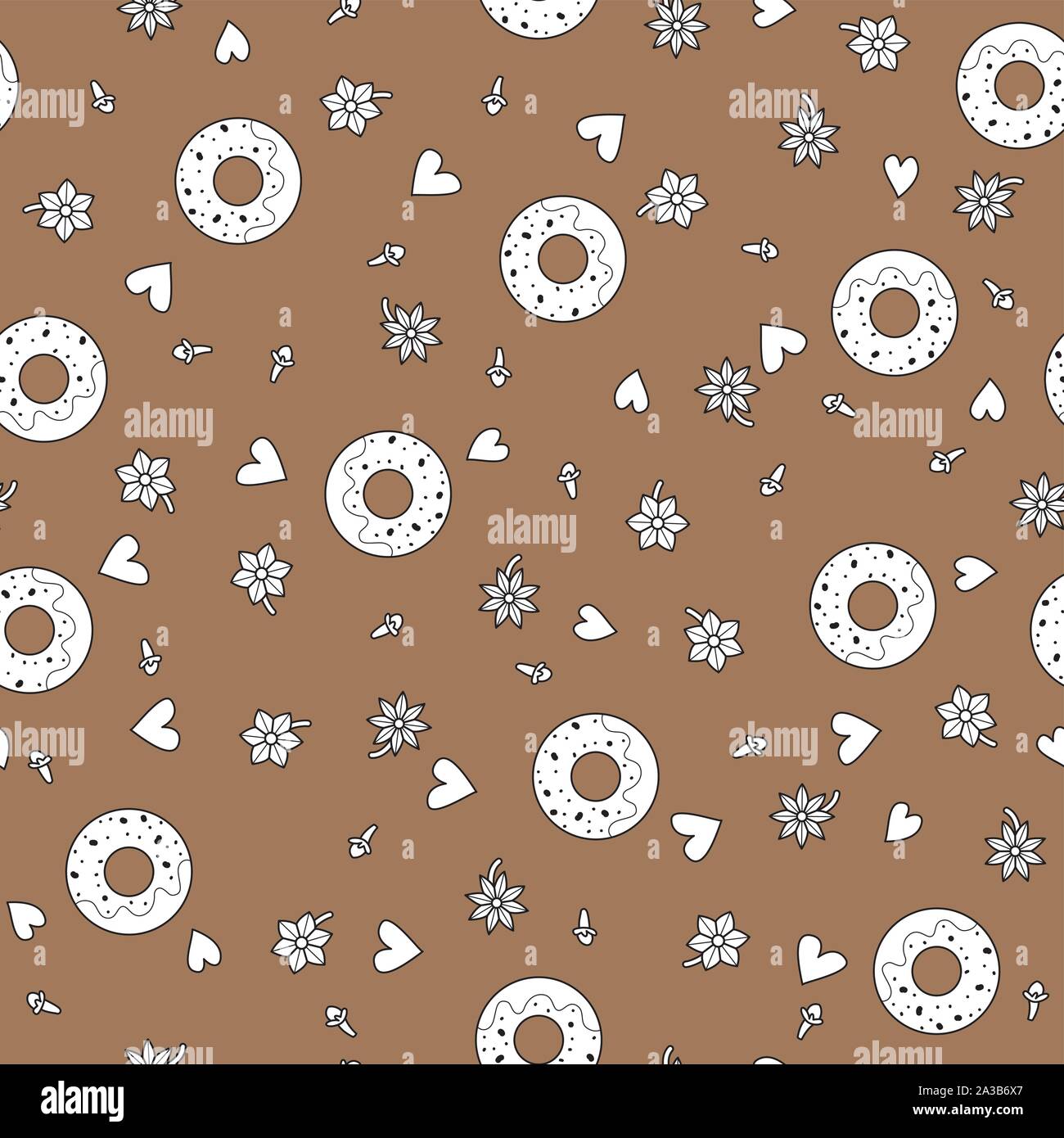 Seamless pattern background with donuts. Baking vector illustration. Vanilla and cloves. Stock Vector