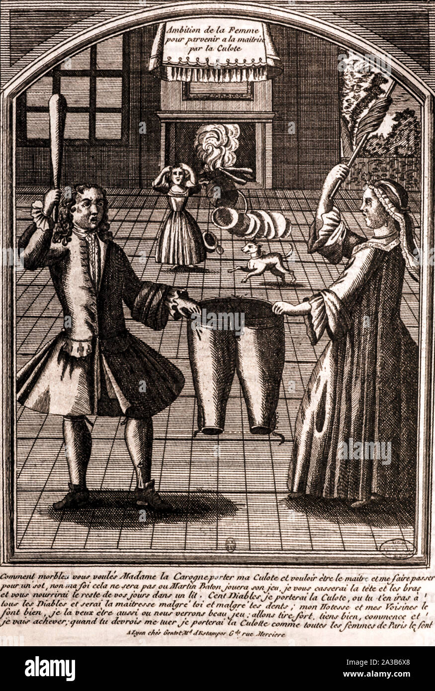 Fight between husband and wife for  trousers in a ancient print  of 1712 Stock Photo