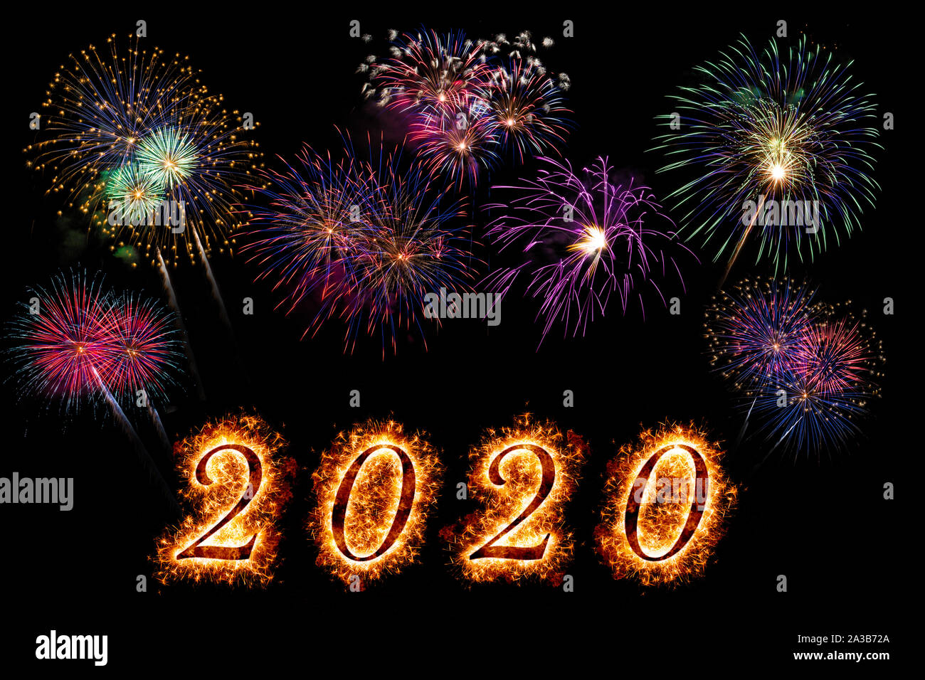 Happy New Year 2020 letters with sparkle, fire and fireworks on black ...