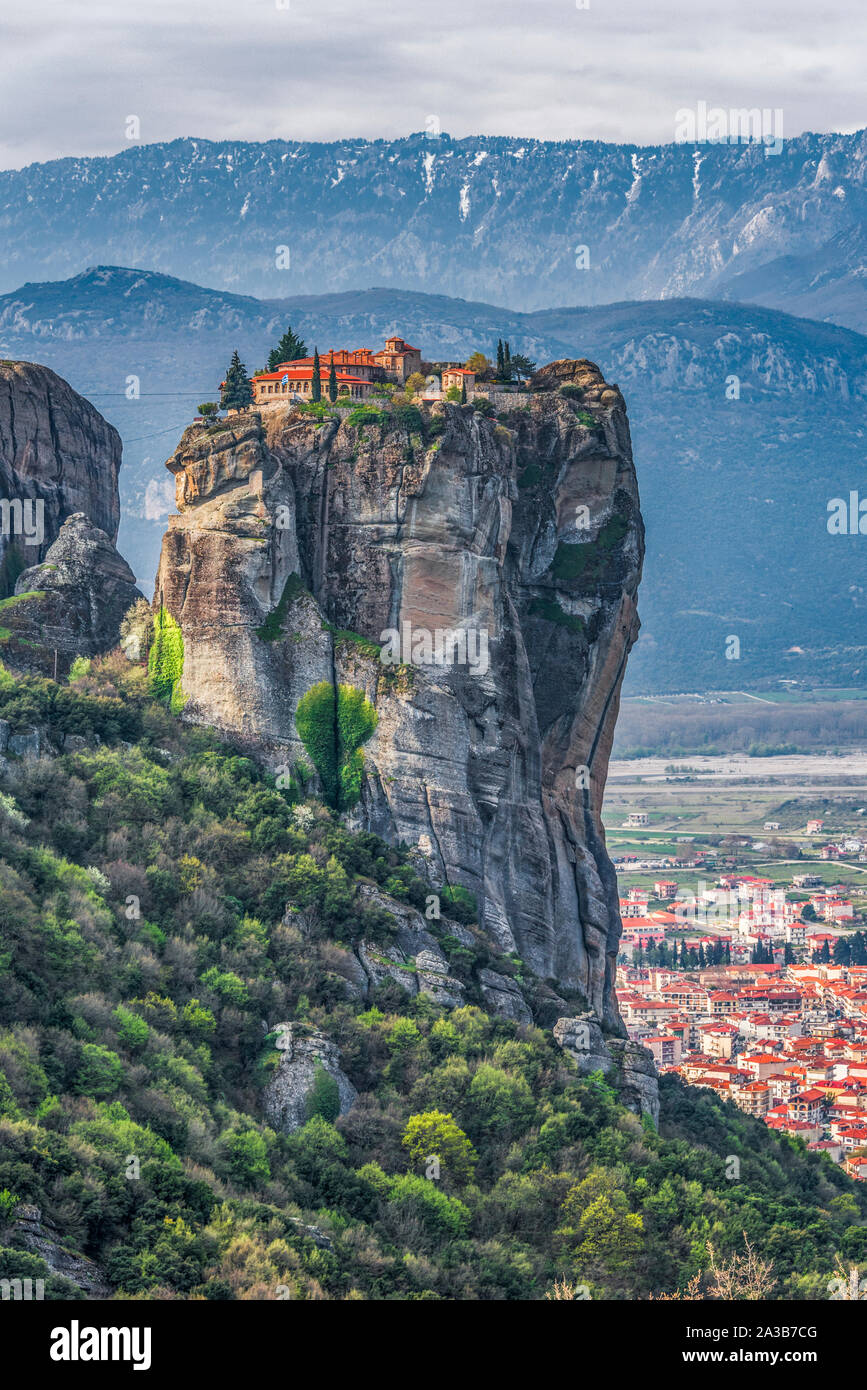 Landscape at Meteora with a monastery (Holy Trinity) and the town Stock Photo