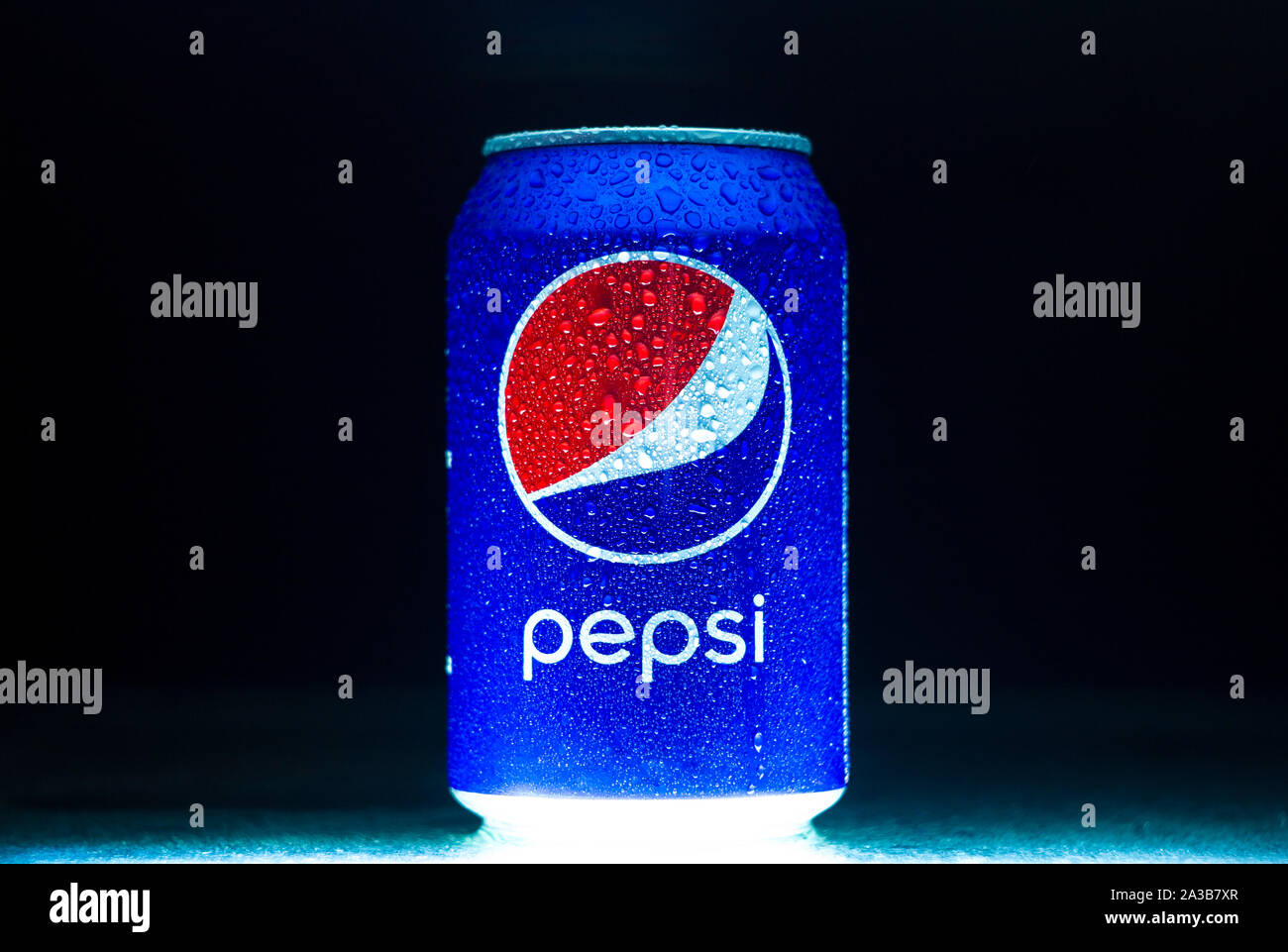 Kiev, Ukraine - 03 Sep 2017: Pepsi tin can on a black background. Stock Photo