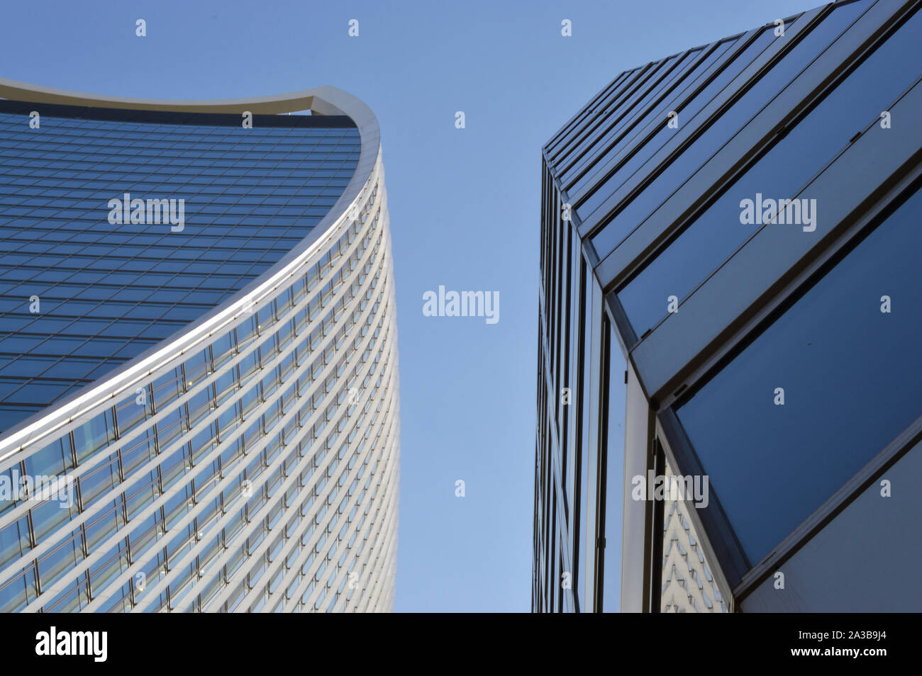 London/UK - August 23, 2019: Low angle view of modern buildings in Fenchurch street London Stock Photo
