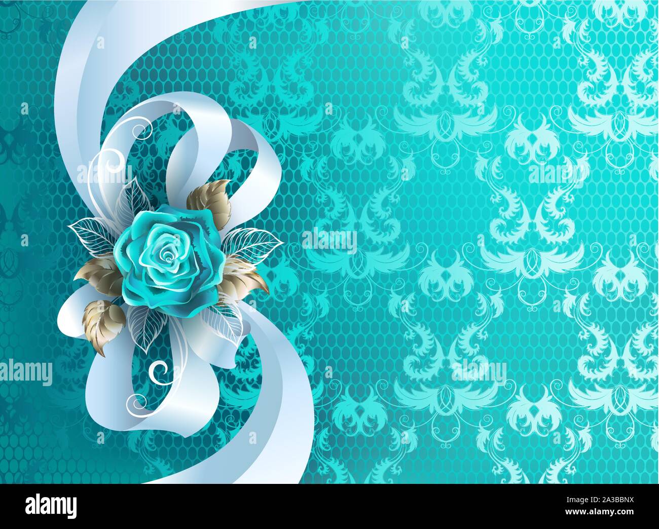 White silk bow decorated with turquoise rose with leaves of white gold on turquoise, lace background. Stock Vector
