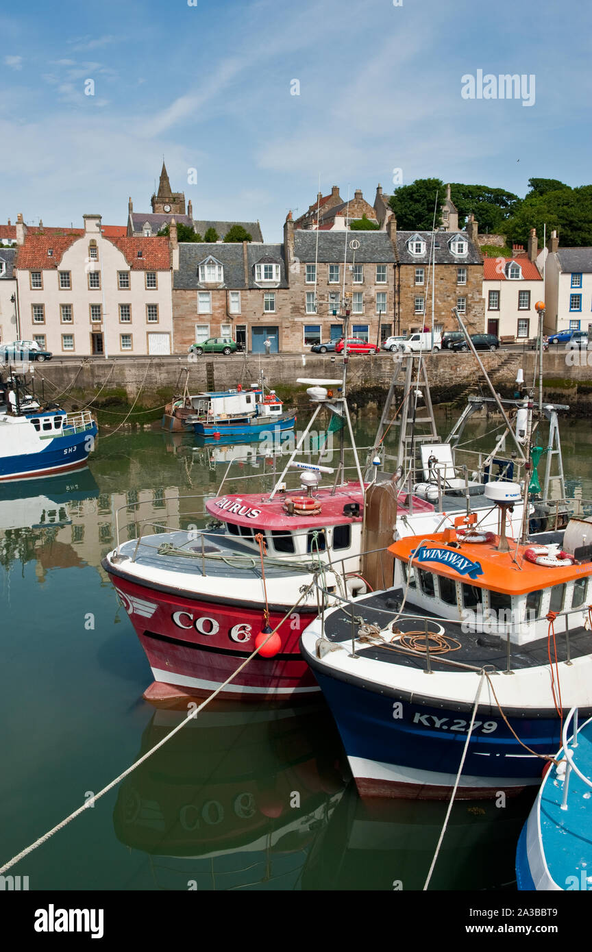 Fishing boats moored in Pittenweem harbour. Fife, Scotland Stock Photo