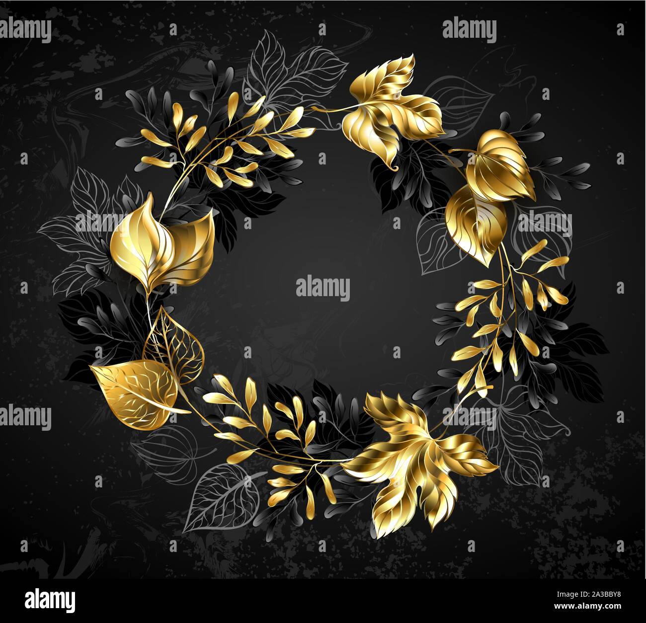 Wreath of gold, jewelry leaves and decorative twigs on black textured background. Stock Vector