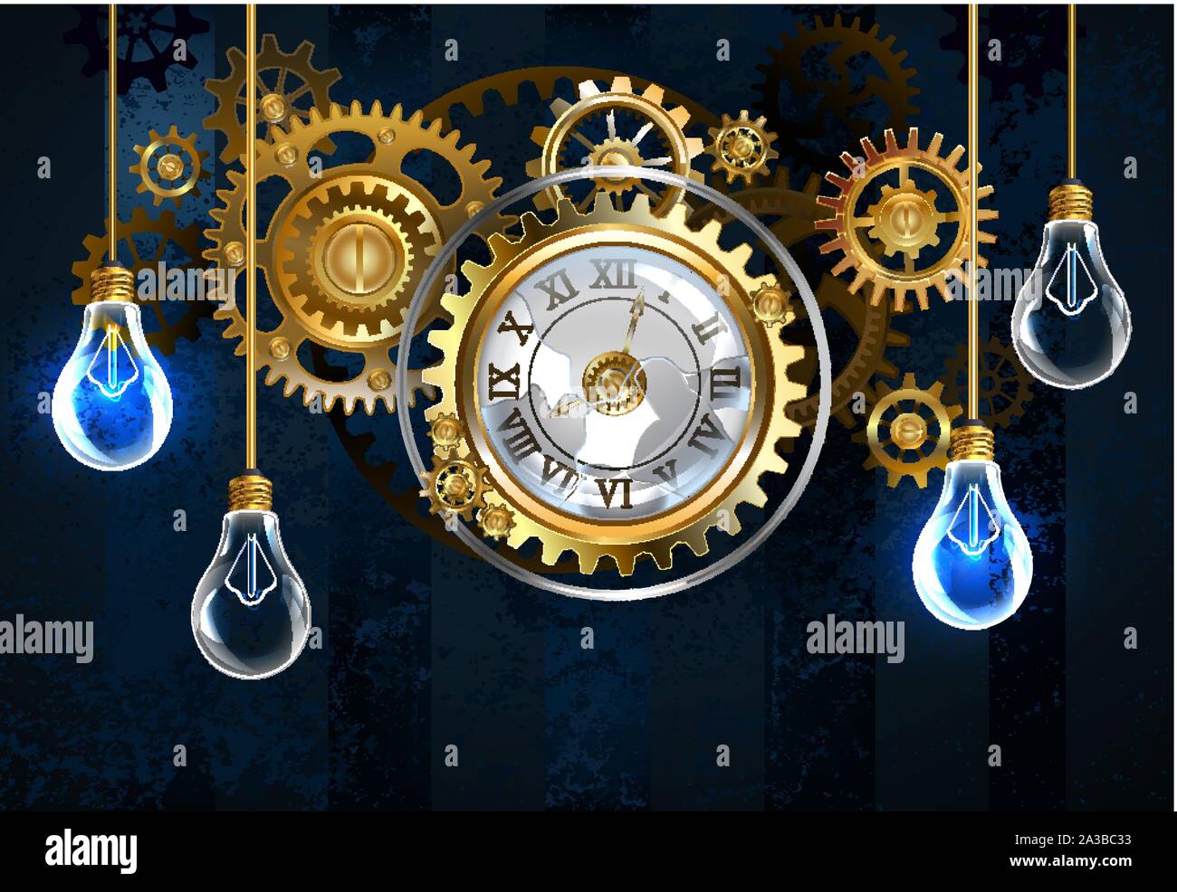 Antique, broken clock in the steampunk style with gold and brass gears on dark, blue, textured background with electric vintage bulbs. Stock Vector