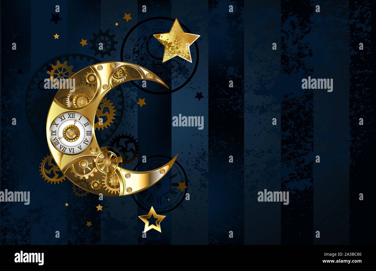 Brass, antique, golden moon decorated with brass gears and white dial on dark, blue, striped background with gold stars. Stock Vector