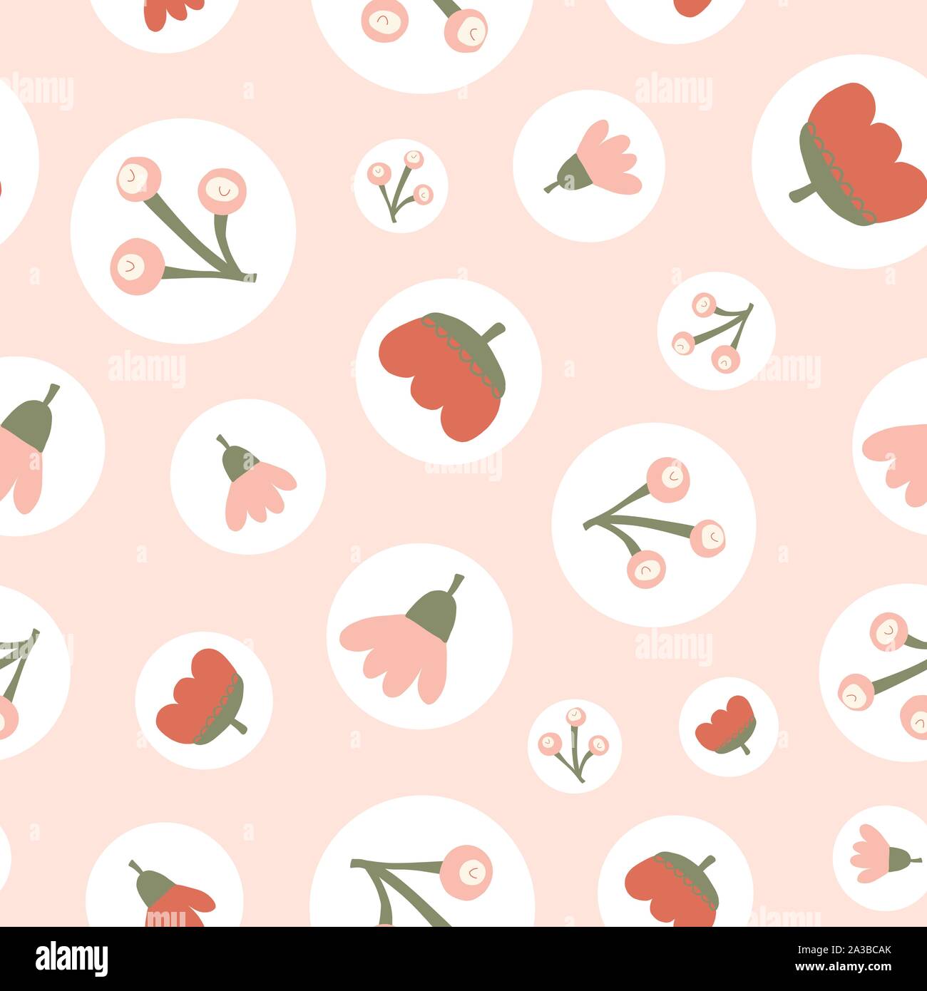 Scattered floral elements in polka dots seamless vector background. Abstract nature pattern. Repeating texture leaves, flowers, berry. Seasonal Stock Vector