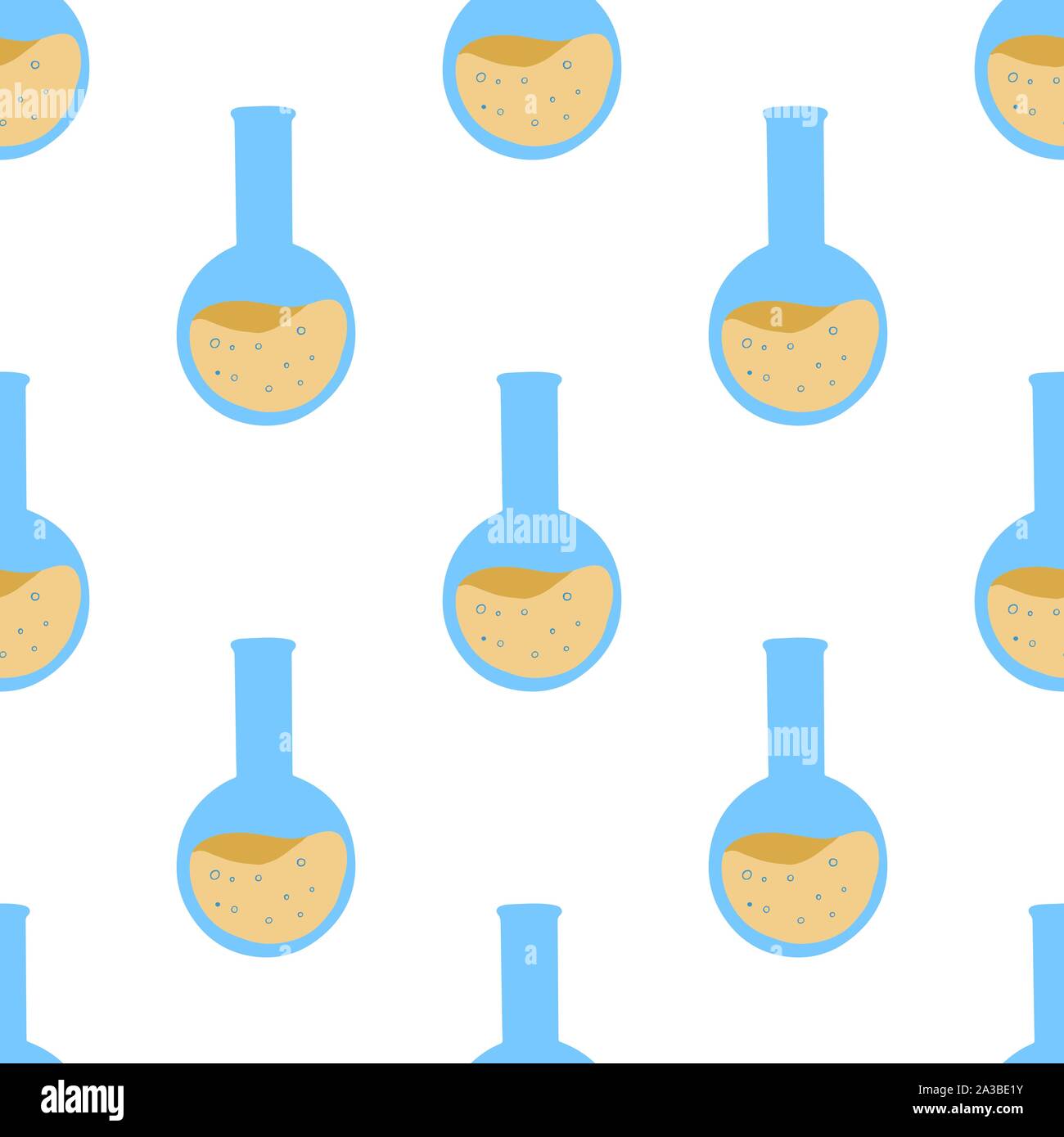 Seamless pattern with chemistry round glass flask for wrapping paper design. Laboratory glassware. Biology, science, education, medical. Decorative backdrop vector. Stock Vector