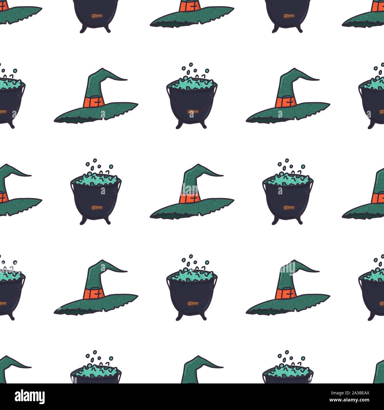 Green witch hat and cauldron seamless pattern on white background. Spooky halloween wallpaper. Autumn holiday horror backdrop. Magic cauldron. Vector illustration. Stock Vector