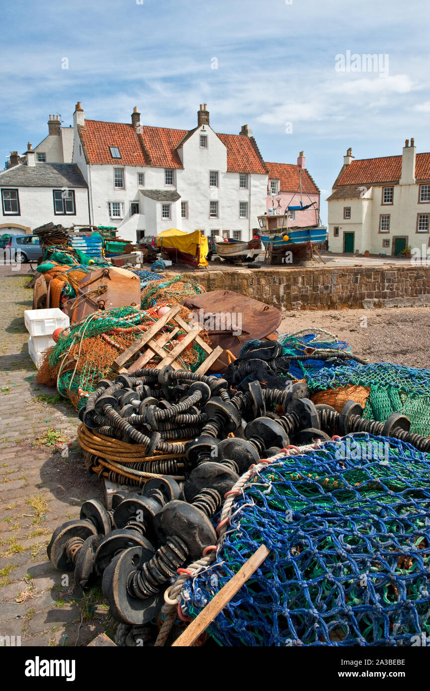 Fishing equipment on harbour quayside. Pittenweem, Fife, Scotland Stock Photo