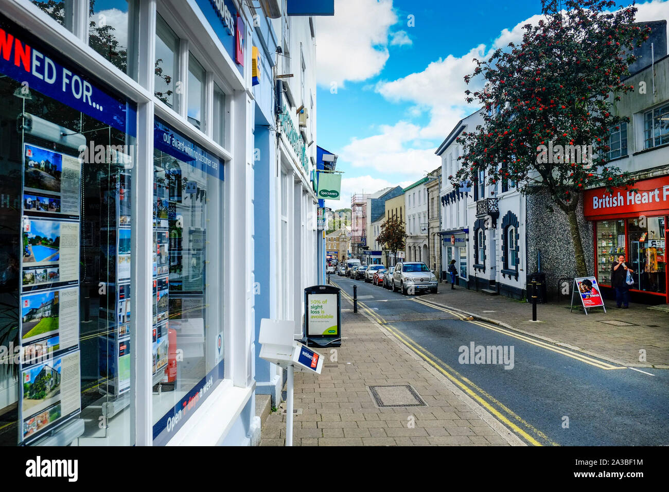 A general view of Fore Street St in Bodmin Town centre in Cornwall. Stock Photo