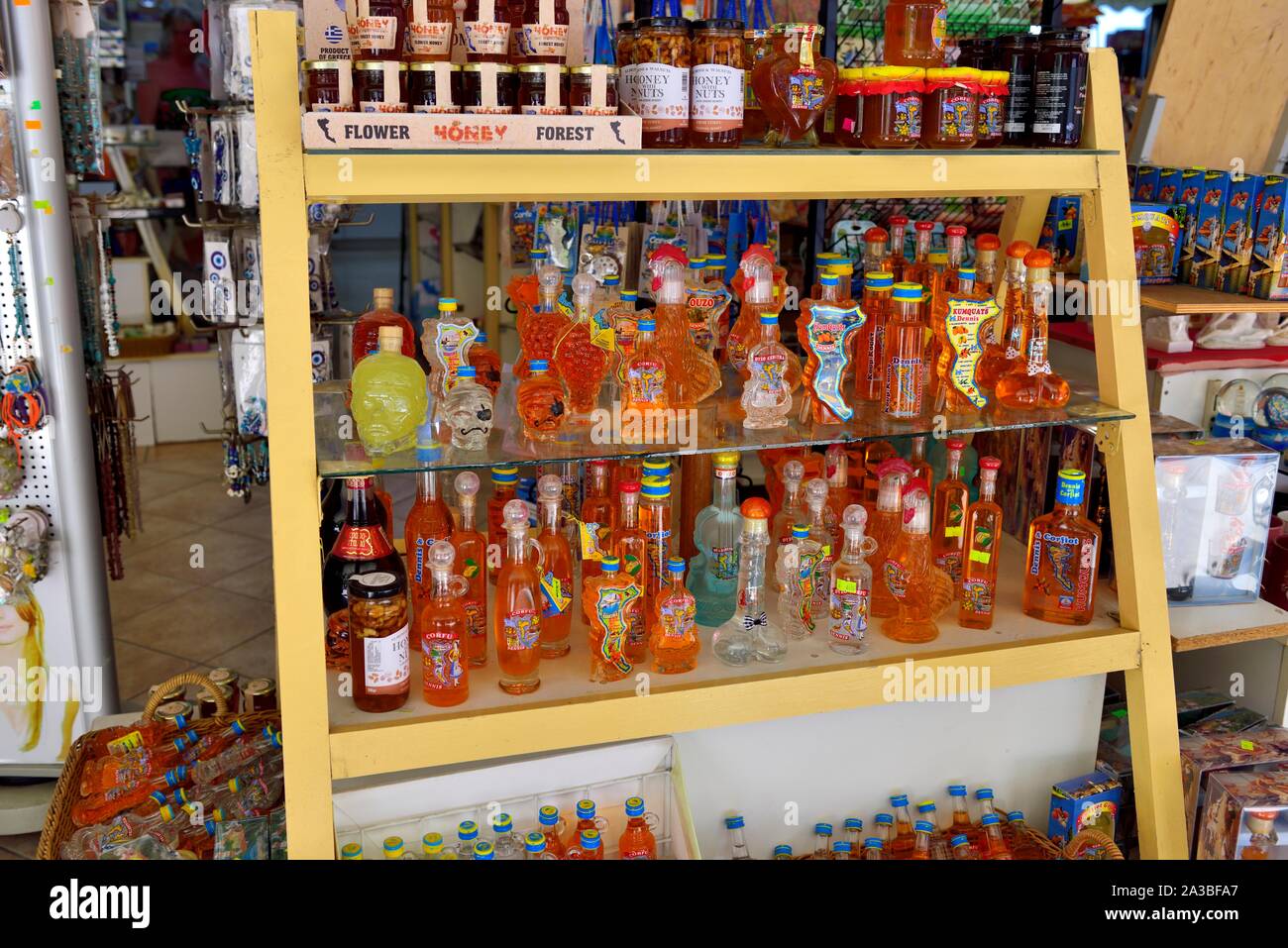 Traditional Greek souvenir drinks,on sale at a shop in Corfu Old Town,Corfu,Kerkyra,Kerkira,Greece,Ionian Islands Stock Photo