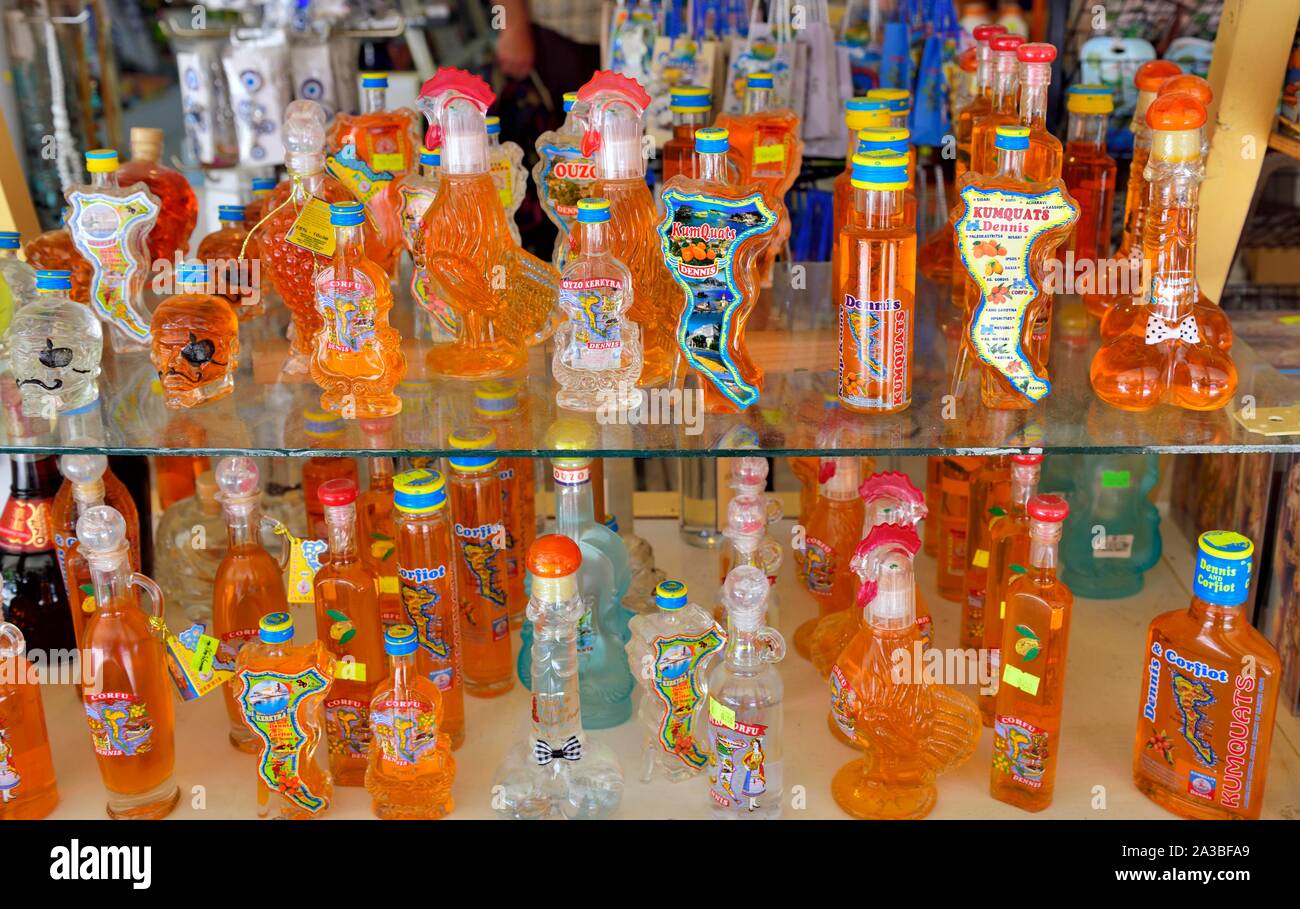 Traditional Greek souvenir drinks,on sale at a shop in Corfu Old Town,Corfu,Kerkyra,Kerkira,Greece,Ionian Islands Stock Photo