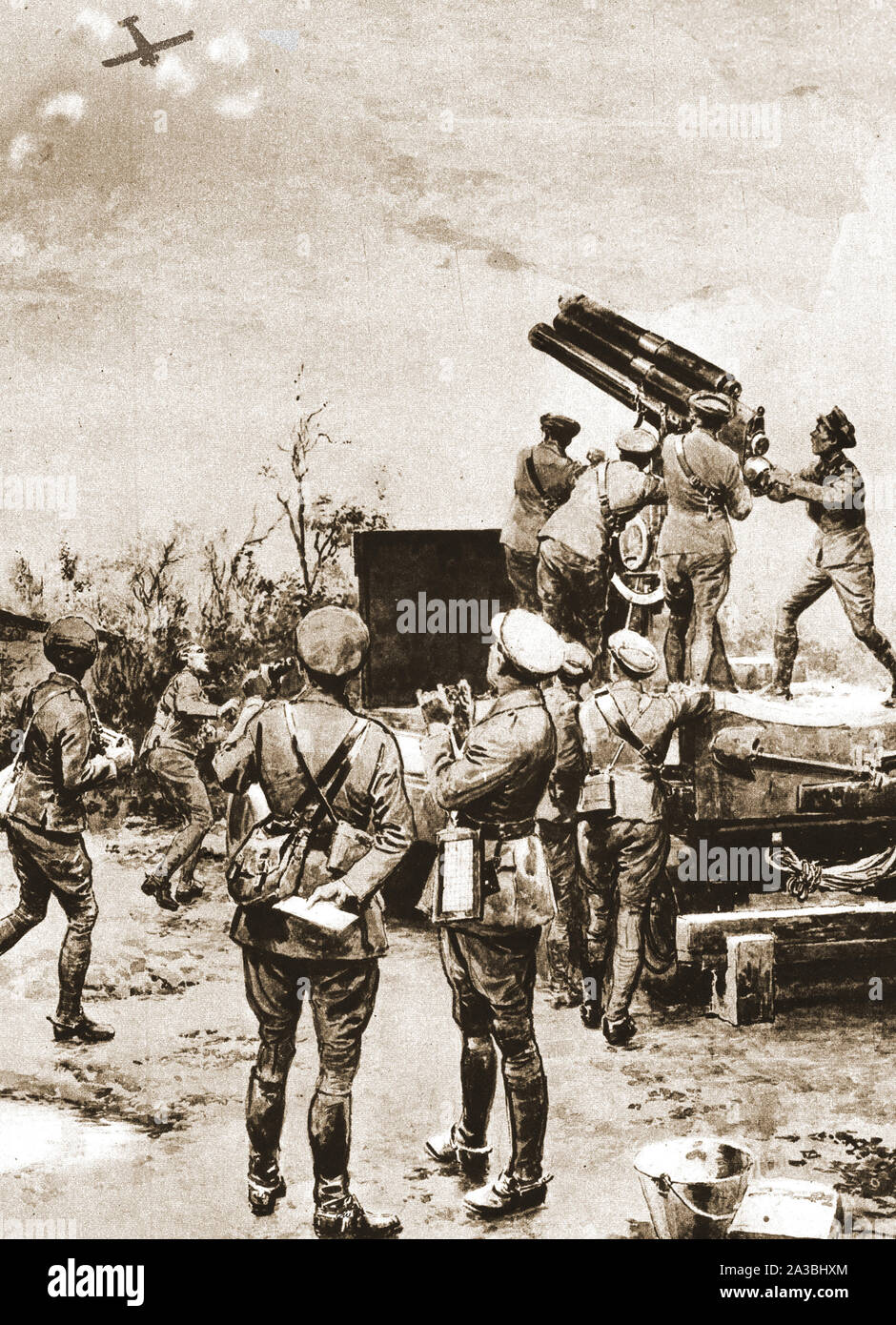 A  WWI  Archibald  (aka Archie) anti-aircraft gun in action. Though army guns, some were manned by the  Royal Naval Volunteer Reserve (RNVR), others were manned by the  Royal Garrison Artillery (RGA). Stock Photo