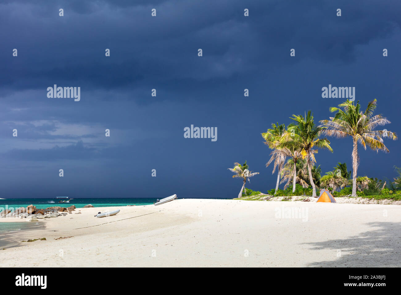 paradise beach in Thailand during storm with tall palms Stock Photo
