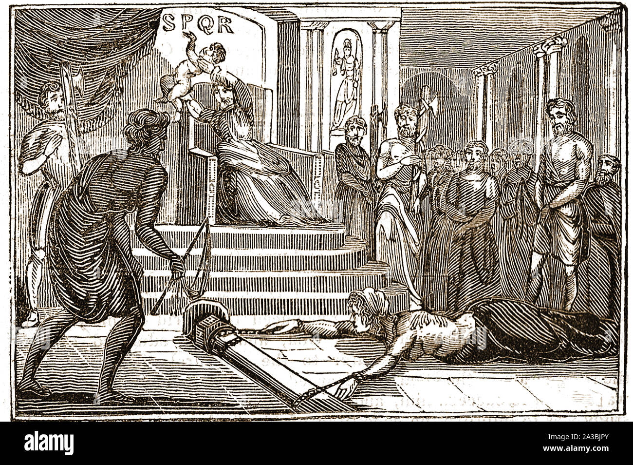 An old engraving showing the 4th century (roman catholic) martyrdom of Julitta (or Juliot, Yolitha and Julietta) of Iconium (widow and mother of Saint Cyriacus of Iconium who was also martyred as  three year old child). Julitta is patron saint of torture victims, widows, single laywomen and childhood deaths Stock Photo