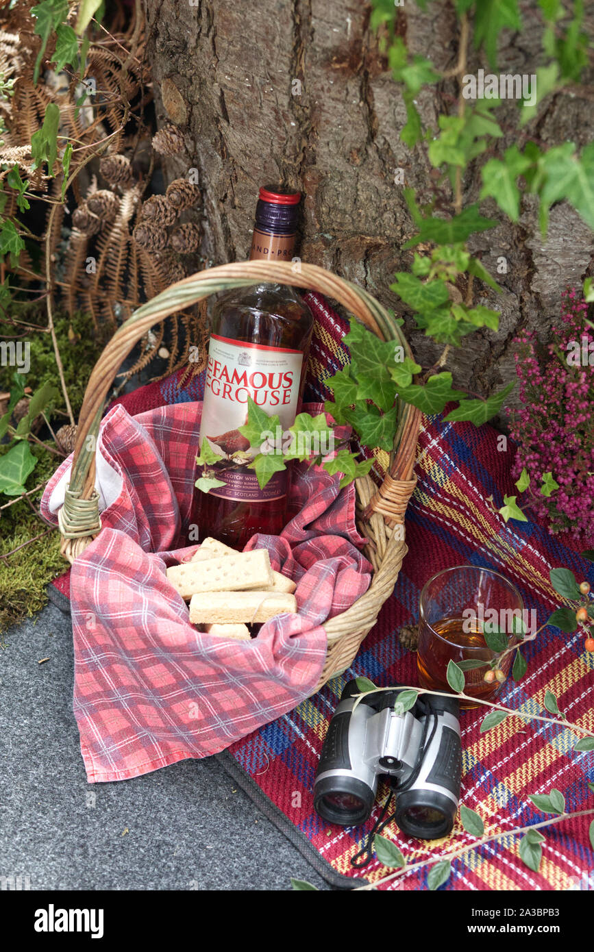 picnic basket with grouse whisky, shortbread on a tartan picnic blanket and a  pair of binoculars Stock Photo