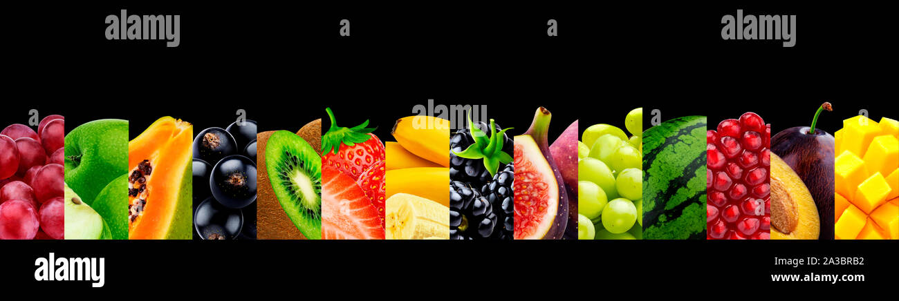 Collage of fruits isolated on black background with copy space Stock Photo