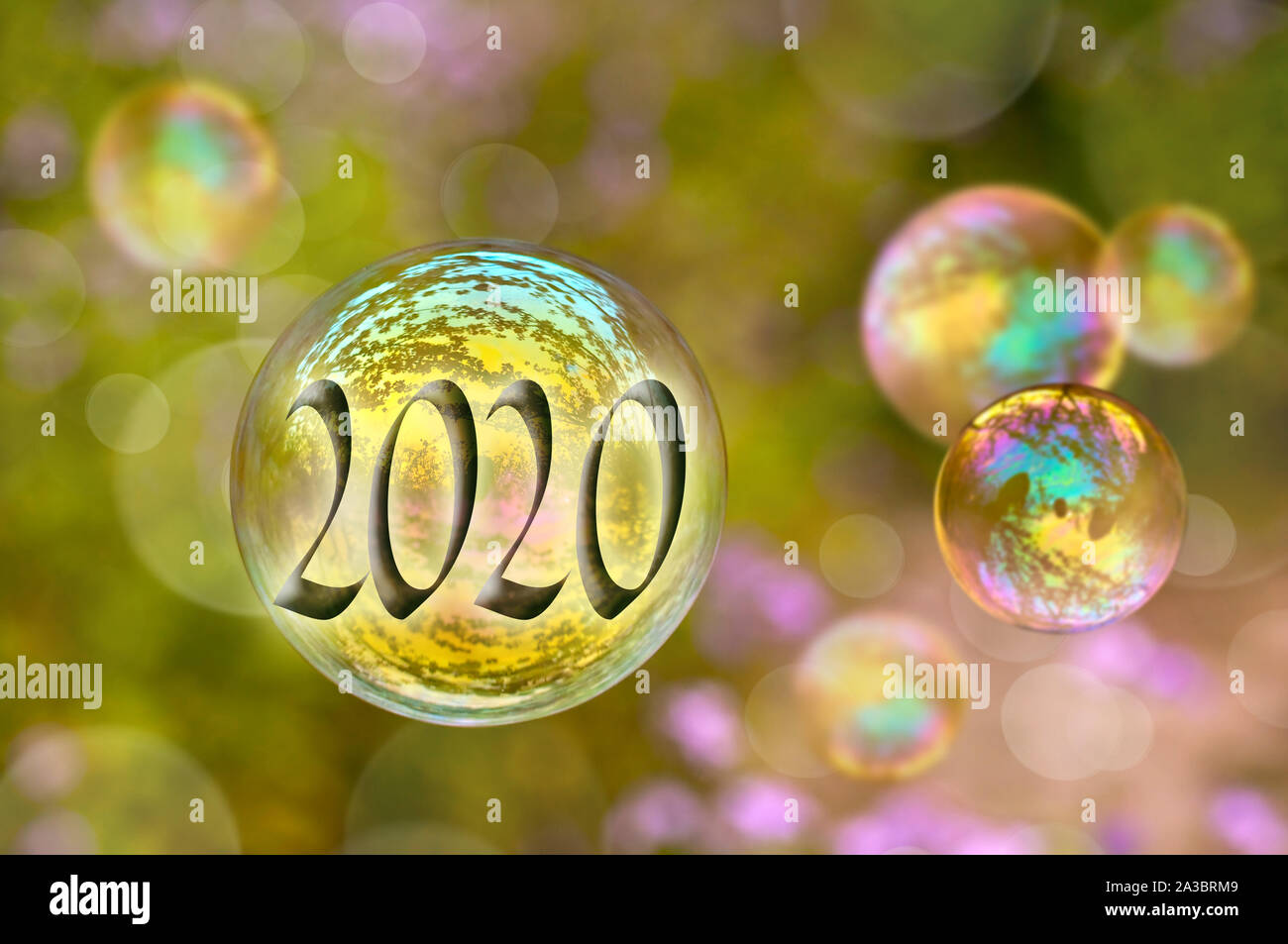 2020 soap bubble on green nature background, new year greeting card Stock Photo