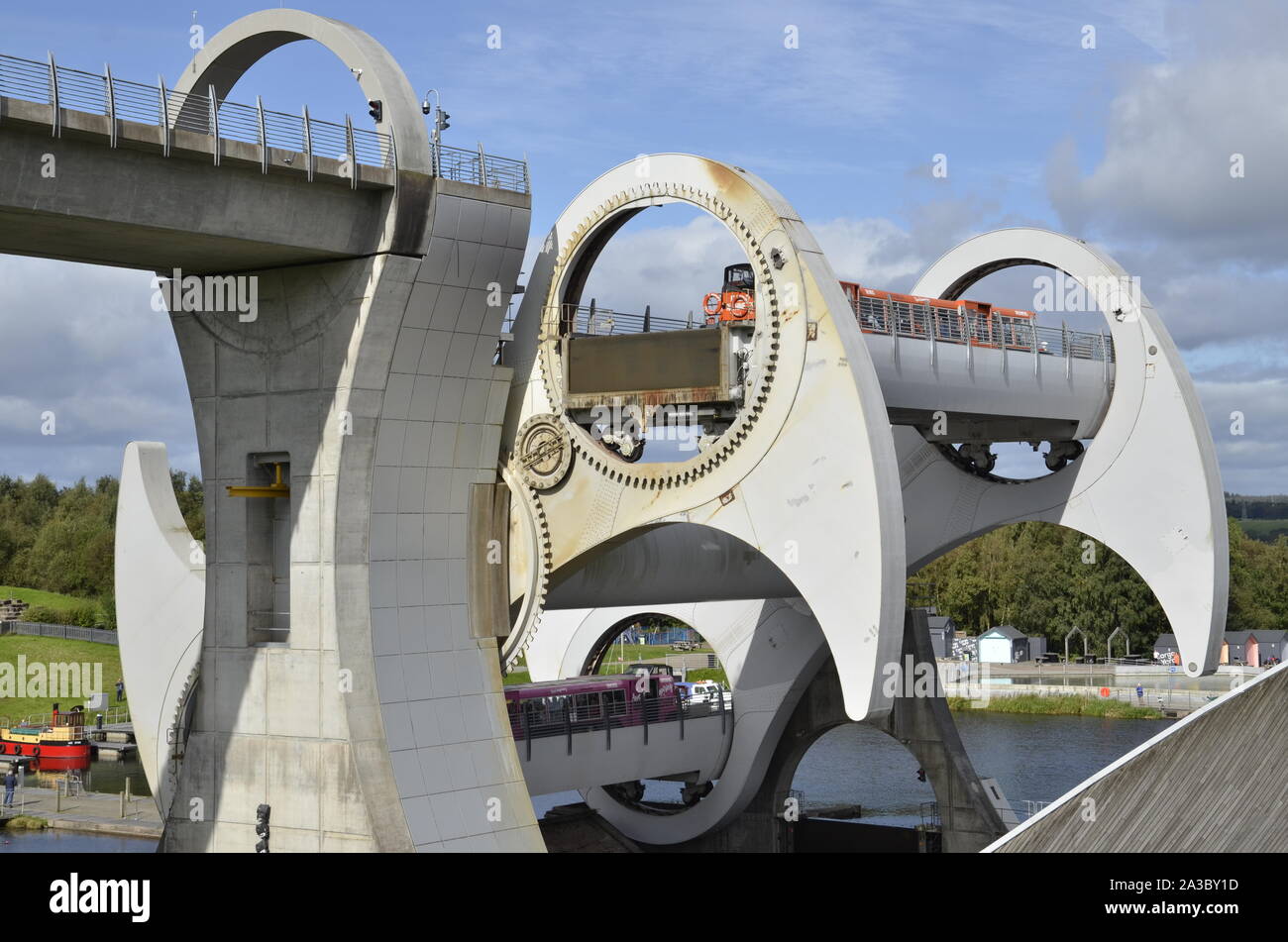 The Falkirk Wheel in Falkirk, Scotland. The rotating boat lift links