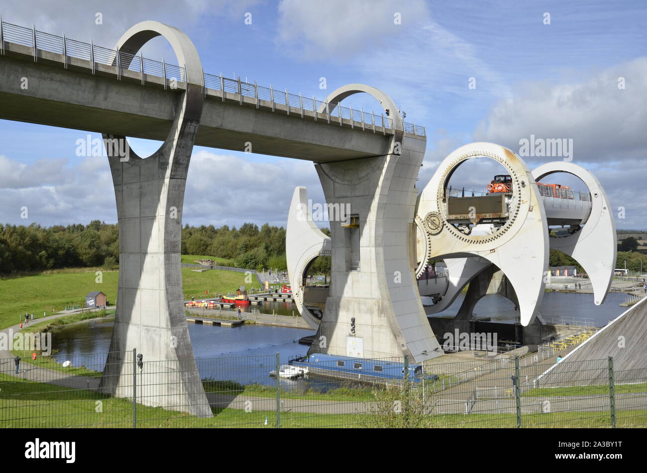 The Falkirk Wheel in Falkirk, Scotland. The rotating boat lift links the Union Canal with the Firth and Clyde canal Stock Photo