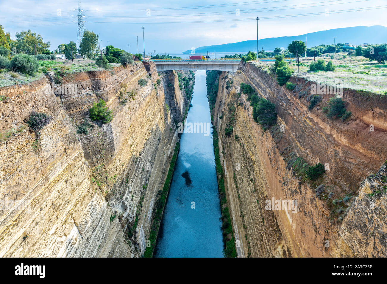 View of the Corinth Canal in the Isthmus of Corinth, Greece Stock Photo