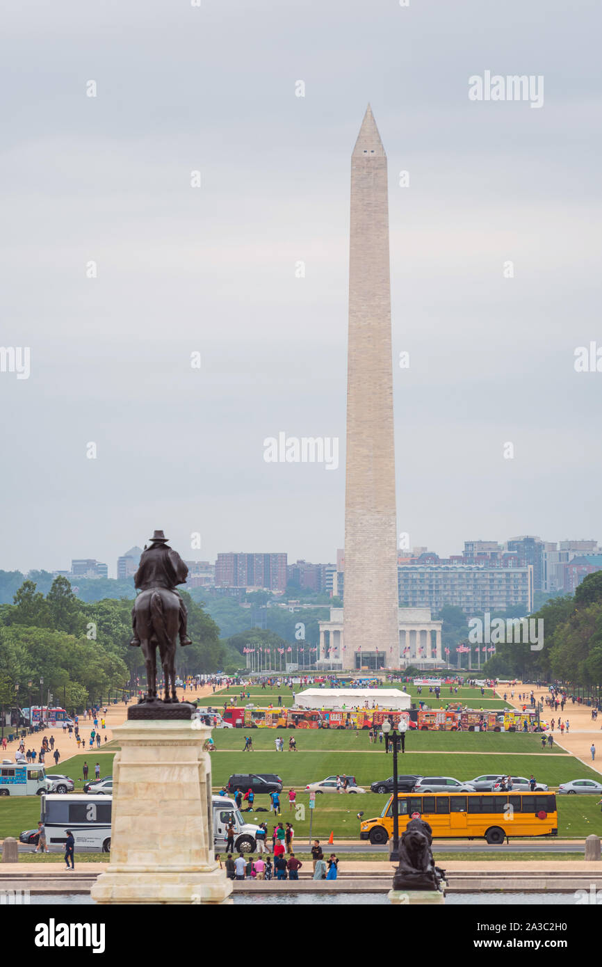 Washington DC, USA - June 9, 2019: View of the National Mall from the US Capitol building, Ulysses S Grant memorial and Washington Monument Stock Photo
