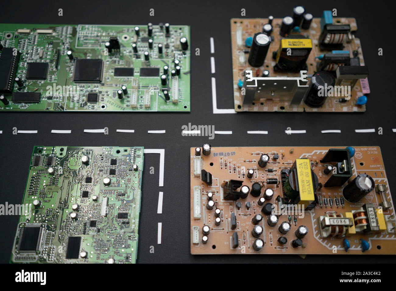 circuit boards with road markings to symbolise a data park, offices of the future, connectivity, the internet of things Stock Photo