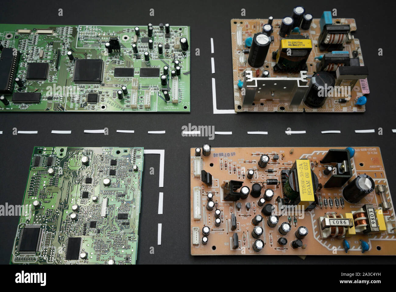 circuit boards with road markings to symbolise a data park, offices of the future, connectivity, the internet of things Stock Photo