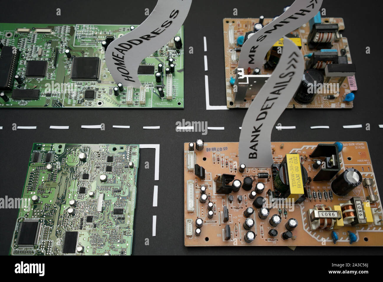 circuit boards with road markings to symbolise a data park, offices of the future, connectivity, the internet of things Stock Photo
